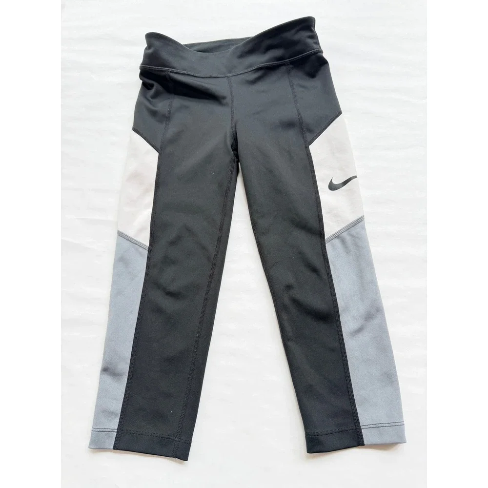 Nike Girls Dri-FIT Colorblock Leggings Black Grey White CU2191-011 Size M